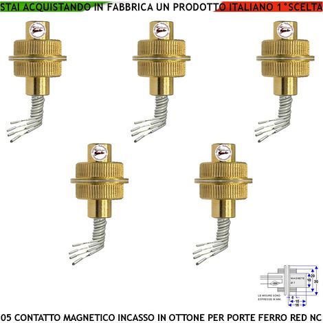Rilevatore Apertura Porta o Cancello Ferro in Ottone Cilindrico Blindato da Incasso 5 Pezzi Sensore Magnetico Allarme Contatto Reed Campo 20 mm 4 Fili 2 NA 2 Tamper Max 30 V 10W Fissaggio Incasso IP65