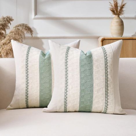 Housse Coussin 40x40 Vert Sauge Bohème Texturée à Rayures Tissées Décoratives Moderne Boho Housse de pour Maison Salon Chambre Décoration Lot de 2 (1/5)