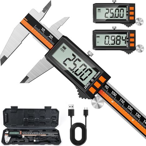 Type-C Rechargeable Digital Vernier Caliper High Precision 0.03MM Measuring Range 0-150MM Waterproof IP54 Auto Shut Off Large LCD Display and Conversion MM/IN Measuring Tool