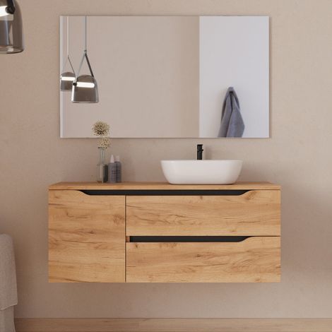 Meuble de salle de bain 120cm avec plateau, vasque à poser déportée à droite Zeus et miroir - 2 tiroirs et un placard - roble (chêne clair) - ZARZA