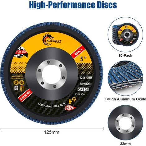 Fächerscheibe, 10er-Packung, 125 mm Schleiffächerscheiben für Winkelschleifer, professionelle Fächerscheiben in den Körnungen 40/60/80/120, unterteilte Schleifscheibe für Winkelschleifer (1/4)