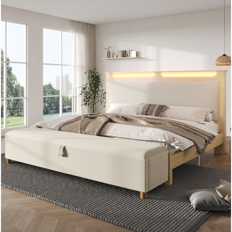 Letto matrimoniale 140x200 cm con panca contenitore, testiera con LED e materasso incluso, legno e corda beige (1/5)