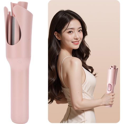 Fer à friser automatique rotatif sans fil, effet wavy, avec affichage numérique rose (1/5)