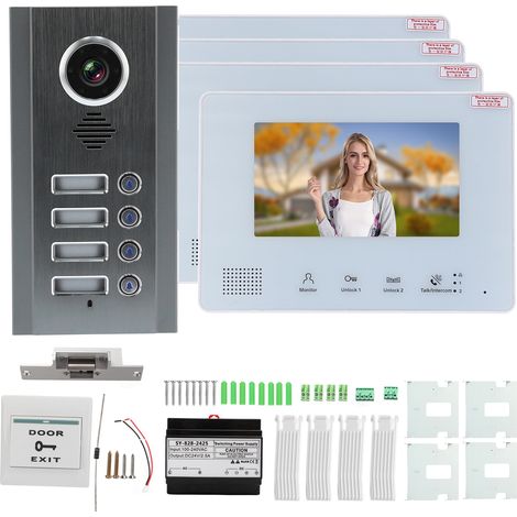 Sonnette vidéo intelligente 7 pouces avec presse directe, système d'interphone pour villa, maison, bureau, appartement, 4 moniteurs, gâche électrique incluse (SY828NMJAENO4) (1/5)