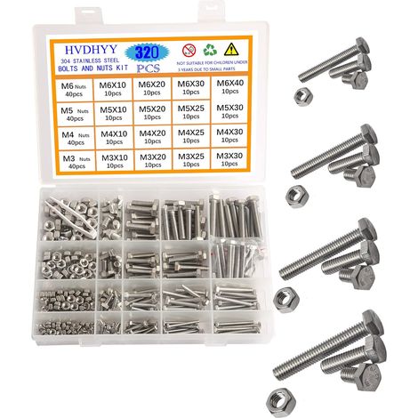 Lot de 320 Vis, Tête hexagonale DIN 933, Acier inoxydable A2-70, Écrous assortis, M3 M4 M5 M6, Bricolage et réparation