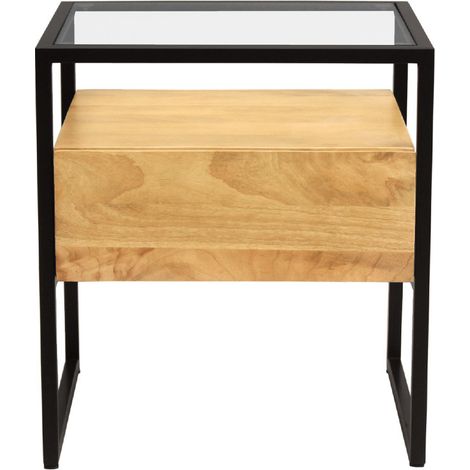 Nachttisch mit Schublade aus massivem Mangoholz, Glas und schwarzem Metall DIYA