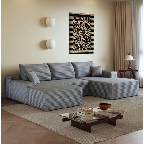 Sofá esquinero modular de 270 cm con chaise longue a la izquierda, no requiere montaje, asiento profundo, pana gris (1/5)