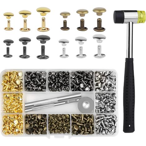 240 jeux de rivets en cuir, 4 couleurs, rivets à double tête pour cuir, 3 tailles, avec maillet en caoutchouc, kit d'installation de 3 pièces pour le bricolage en cuir, vêtements, chaussures, décorati (1/5)