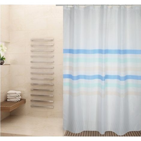 Rideau de douche Polyester SEAUVILLE PASTEL 180x200cm QUALITE PREMIUM Bleu & Blanc - Anneaux inclus MSV (1/3)