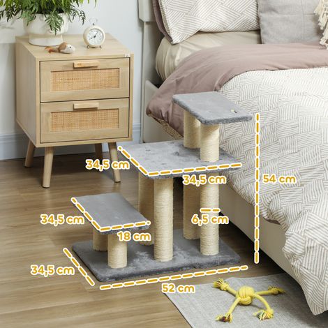Escalier pour animaux domestiques réglable 3 marches échelle pour chat chien griffoirs en sisal balle 52x34.5x54cm gris (1/5)