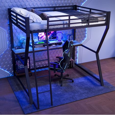 Lit mezzanine 140x200 cm noir en métal et MDF avec bureau, éclairage et prises USB (1/5)