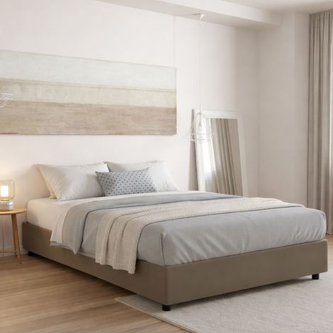 Dmora - Cama matrimonial Dabadak, Cama contenedor con tapizado en ecopiel, 100% Made in Italy, Apertura frontal, con colchón Cm 140x200 incluido, Tórtola (1/3)