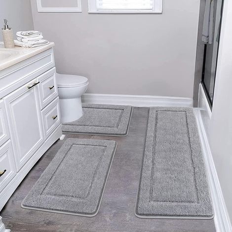 Lot de 3 Tapis de Bain Antidérapants, Tapis de Salle de Bain à Poils Longs en Microfibre avec Tapis de Toilette Doux et Absorbant, Lavable en Machine, Contour WC, Gris (1/5)