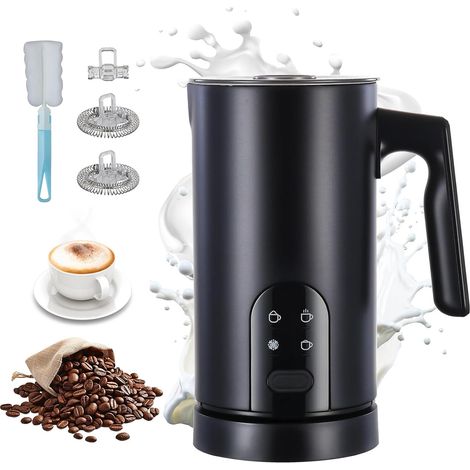 Mousseur À Lait Électrique Avec 4 Fonctions : Mousseur Automatique Pour Lait Chaud Et Froid, Arrêt Automatique, Design En Acier Inoxydable, Pour Matcha (Noir) (1/5)
