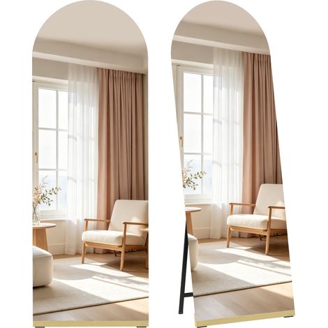Miroir courbé corps entier 160x50 cm sans cadre base bois debout mur transparent (1/4)
