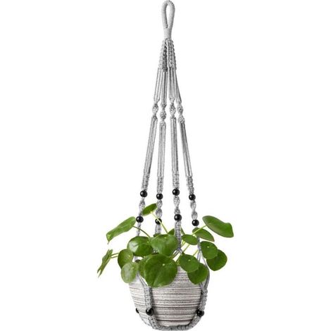 Un panier suspendu pour plante d'intérieur en corde de coton grise, de 85 cm de long, avec des perles en bois mais sans crochets.