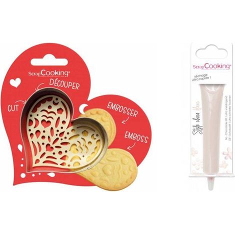 Kit pour biscuit en relief Coeur + Stylo au chocolat blanc