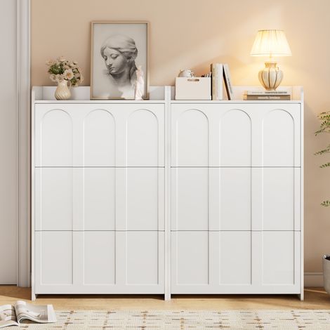 Set de deux pièces pour ranger les chaussures. Contient 12 compartiments. Peut être installé dans des couloirs, des portes, des salons et des bureaux. Matériau : MDF. Couleur : blanc. (1/5)