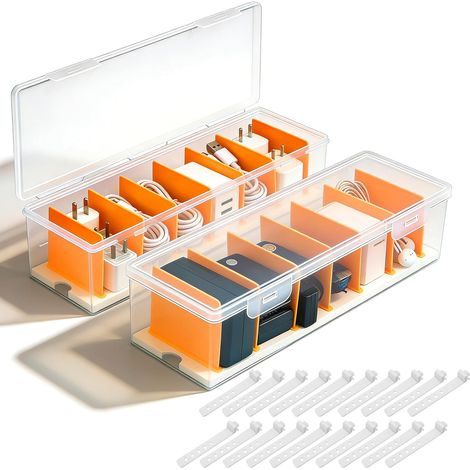 2 Pièces Rangement Cable, Boite Rangement Cable Transparent avec 7 Compartiments Ajustables et 20 Attaches de CâBles, pour Le Bureau, La Maison Ou Le Bureau
