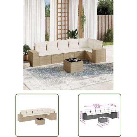 The Living Store 7-tlg. Garten-Sofagarnitur mit Kissen Beige Poly Rattan - Gartenmöbel Set - PE-Rattan Möbel - Outdoor Lounge - Esstisch - Sofasatz