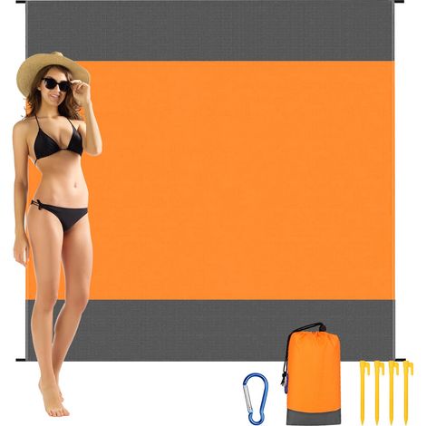 Couverture/tapis de pique-nique, tapis de plage imperméable 210 x 200 cm avec 4 points d'ancrage, orange.