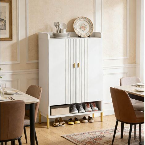 Scarpiera 75x36.5x110 cm, 6 ripiani regolabili, 2 ante e piano superiore, metallo e legno bianco (1/5)
