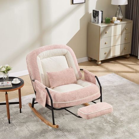Fauteuil à bascule avec repose-pieds – Poche latérale – Dossier inclinable 100-160° – Structure métallique et bois – Fausse fourrure – 80×87×95 cm – Rose (1/5)