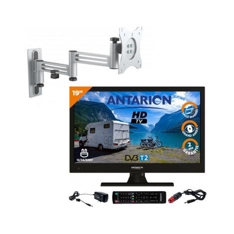 Pack TV LED 18.5" 47cm HD 12V – Résolution 1366x768 – Très faible consommation 15W – Support TV double bras 180° – Antarion