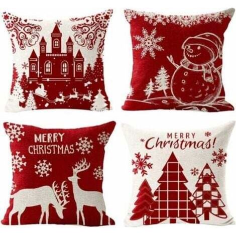 Set di 4 federe natalizie in cotone e lino, con decorazioni a tema natalizio invernale, renne, castello e pupazzo di neve, perfette per divano, camera da letto e casa. Dimensioni: 45 x 45 cm.