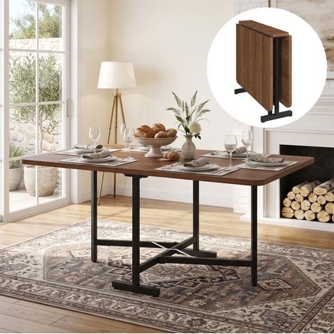 Mesa de comedor extensible y plegable con almacenamiento, estructura estable, MDF acabado nogal (1/5)
