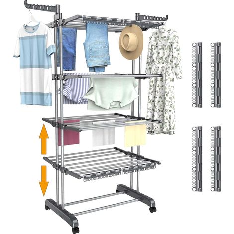 Séchoir à Linge pliable à 5 niveaux, hauteur réglable, étendoir à linge d'intérieur en acier inoxydable avec 4 roulettes, 32 tringles à vêtements, 14 crochets et 4 supports pour petites pièces (1/5)