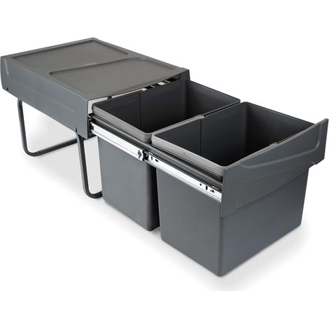 Poubelles avec Fixation inférieure pour la Cuisine, 2 poubelles de Recyclage Amovibles de 15 L, capacité Totale 30 L (2 x 15 L), Acier et Plastique, Gris Anthracite. (1/5)