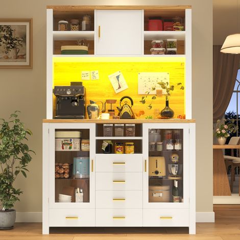 Buffet de cuisine 120 x 40 x 188 cm,4 portes,éclairage LED,6 tiroirs et 3 portes,Buffet haut,Buffet salon,Buffet salle a manger,blanc