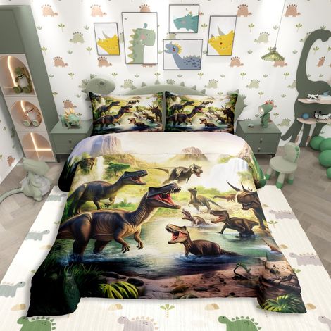 Parure de lit 135 x 200 cm Impression 3D réaliste Dinosaures Parure de lit pour enfant garçon Housse de couette Jungle antique Esthétique Dinosaure Parure de lit végétation luxuriante (1/5)