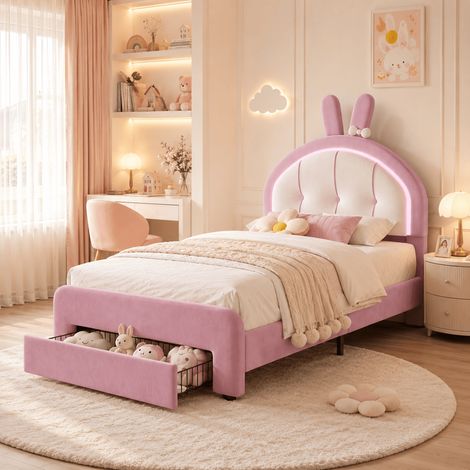 Lit Simple Fille 90x200 cm avec Oreilles de Lapin(Matelas Non Inclus),Lit Enfant avec LED,Cadre de Lit avec Sommier à Lattes,Tête de Lit réglable,Velours,Rose (1/5)