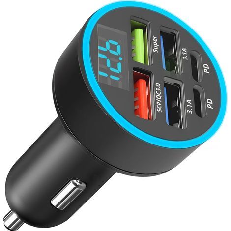 Dual-USB-3,1A-Kfz-Ladegerät, 6-Port-USB-C-Zigarettenanzünder-Ladegerät (2PD + 2 USB-A 3,1A + 1 Super + 1 SCP/QC3.0), USB-Zigarettenanzünder für Typ-C, Android und mehr (1/5)