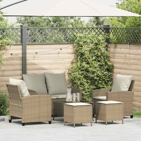 Ensemble de mobilier de jardin 6 pièces avec canapé deux places fauteuils repose-pieds table basse en résine tressée beige avec coussins amovibles (1/5)