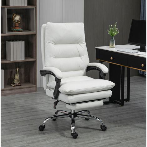 Silla de oficina con masaje de poliéster blanco crema, respaldo reclinable 135°, altura regulable, reposapiés 65x72x109-117 cm (1/5)