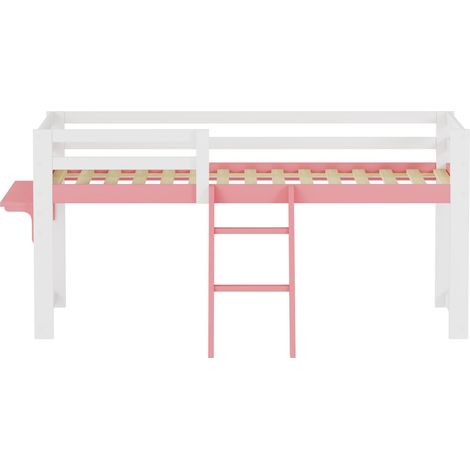 Kinder Hochbett 90x200 cm aus massiver Kiefer, Kinderbett mit Rausfallschutz, fester Leiter & Ablagetisch, Lattenrost inklusive, kein Boxspringbett nötig, Farbe Weiß-Rosa,DE602090PW (1/5)