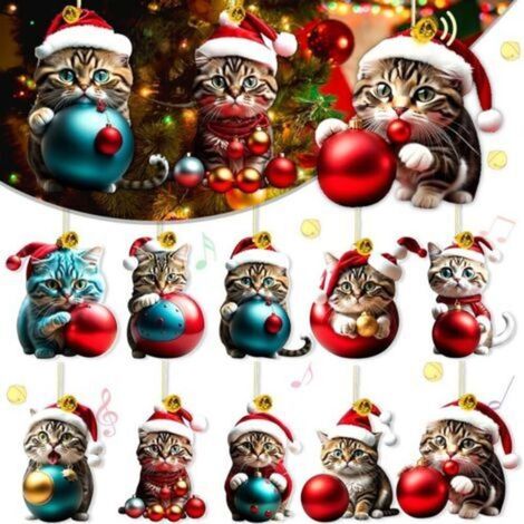 10 Palline di Natale a forma di gatto, Decorazioni natalizie a tema gatto - Ciondoli in acrilico - Decorazioni 2D per albero di Natale, Articoli decorativi natalizi, per una decorazione a tema festivo (1/5)