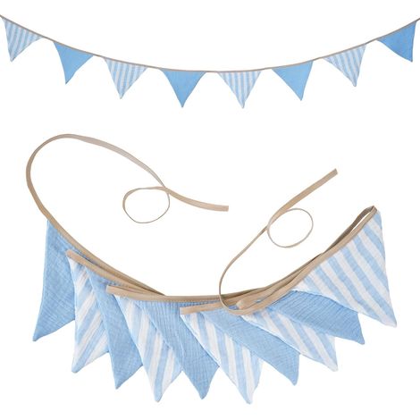2.6m Guirlande Fanions Enfant,Guirlande Fanions Tissu Bleu Fanion Chambre Enfant Motif à Rayures Verticales pour Décoration de Baby Shower,Anniversaire,BaptêMe,Bricolage