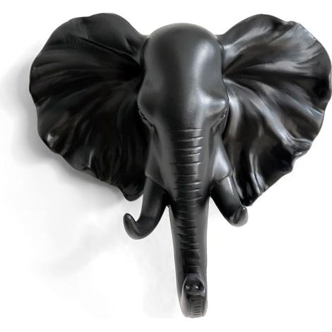 BEBUSINGOTO Gancho de pared individual con forma de cabeza de elefante, para abrigos y sombreros, resistente, rústico, decorativo, color negro (1/5)