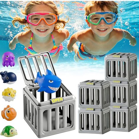 Scuba Diving and Rescue Toy, Colorful Animal Figurines, Swimming Pool Toy, Swimming Pool Cage with Floating Animals, Summer Bath,Gray-6 (1/5)