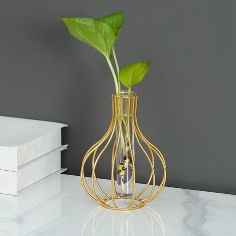 Vase - Verre Transparent Et Support En Fer Doré - Décoration Bureau Salon Salle À Manger Bureau - 2 Pièces (1/5)