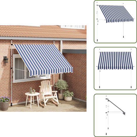 Einziehbare Markise Handbetrieben 250 cm Blau/Weiß Gestreift - Sonnensegel - Markise - Gartensonnenblende - Balkonmarkise - Handbetriebene Markise (1/5)