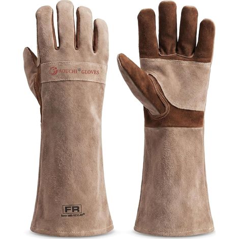Gants de soudage en cuir de vache à manches longues ignifuges et résistants à la chaleur pour barbecue, lutte contre les incendies, cheminée, four, pâtisserie, poêle, manique (Brown, L) (1/5)