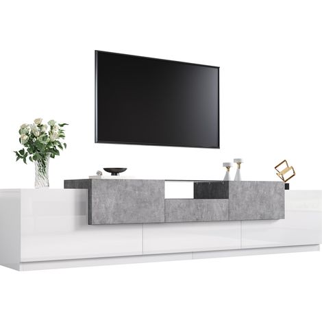 Meuble TV 200 cm Blanc Brillant et Effet Ciment avec Plateau en Verre et Rangements Multiples (1/5)