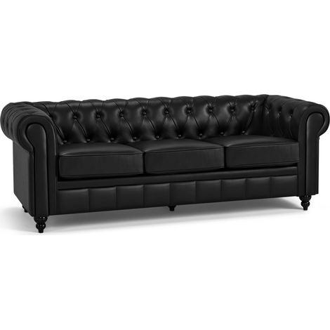 BarberPub Chesterfield Sofa 3-Sitzer 208cm, Wartebank Friseur Vintage, Sitzbank mit Rückenlehne & Armlehne Couch 3-er, W536 (Schwarz/Kunstleder) (1/5)