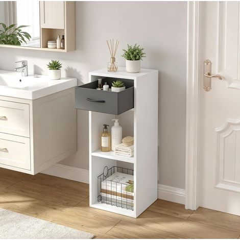 Estantería de pie con cajón y 2 compartimentos abiertos 32,4 x 30 x 80 cm gris y blanco OKWISH (1/5)