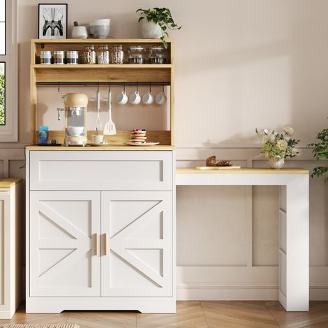 Buffet haut de cuisine 146x40x142 cm avec plan de travail extensible, étagère latérale 3 niveaux, étagères réglables, portes style grange, MDF blanc (1/5)